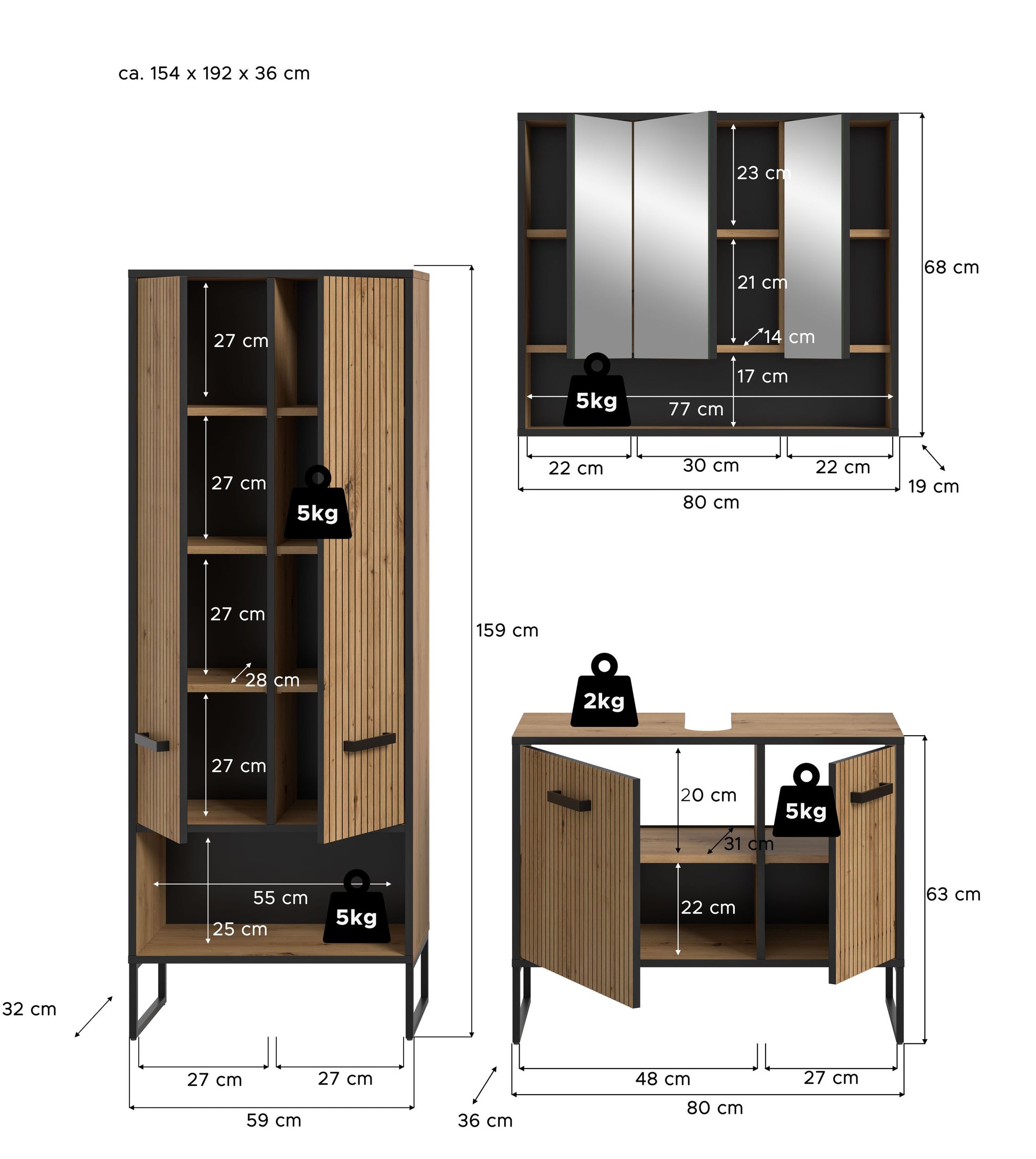 Badmöbel-Set aus Holzoptik mit Badspiegelschrank, Stand schrank und Waschtischunterschrank
