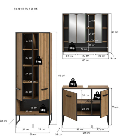 Badmöbel-Set aus Holzoptik mit Badspiegelschrank, Stand schrank und Waschtischunterschrank