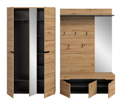 Garderobenmöbel mit geöffnetem Schrankfach und Einlegeböden; Spiegelfront, Holzoptik