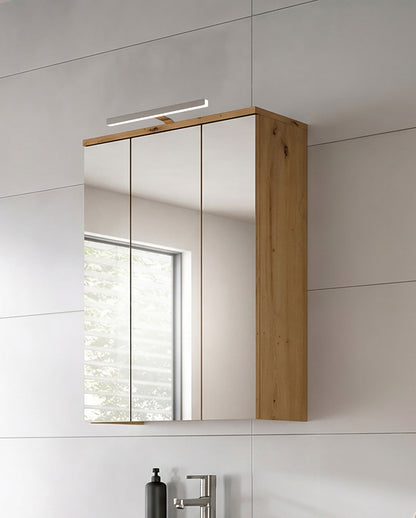 Bad-Spiegelschrank mit LED-Leiste, seitlichem Holzrahmen und Spiegeltüren