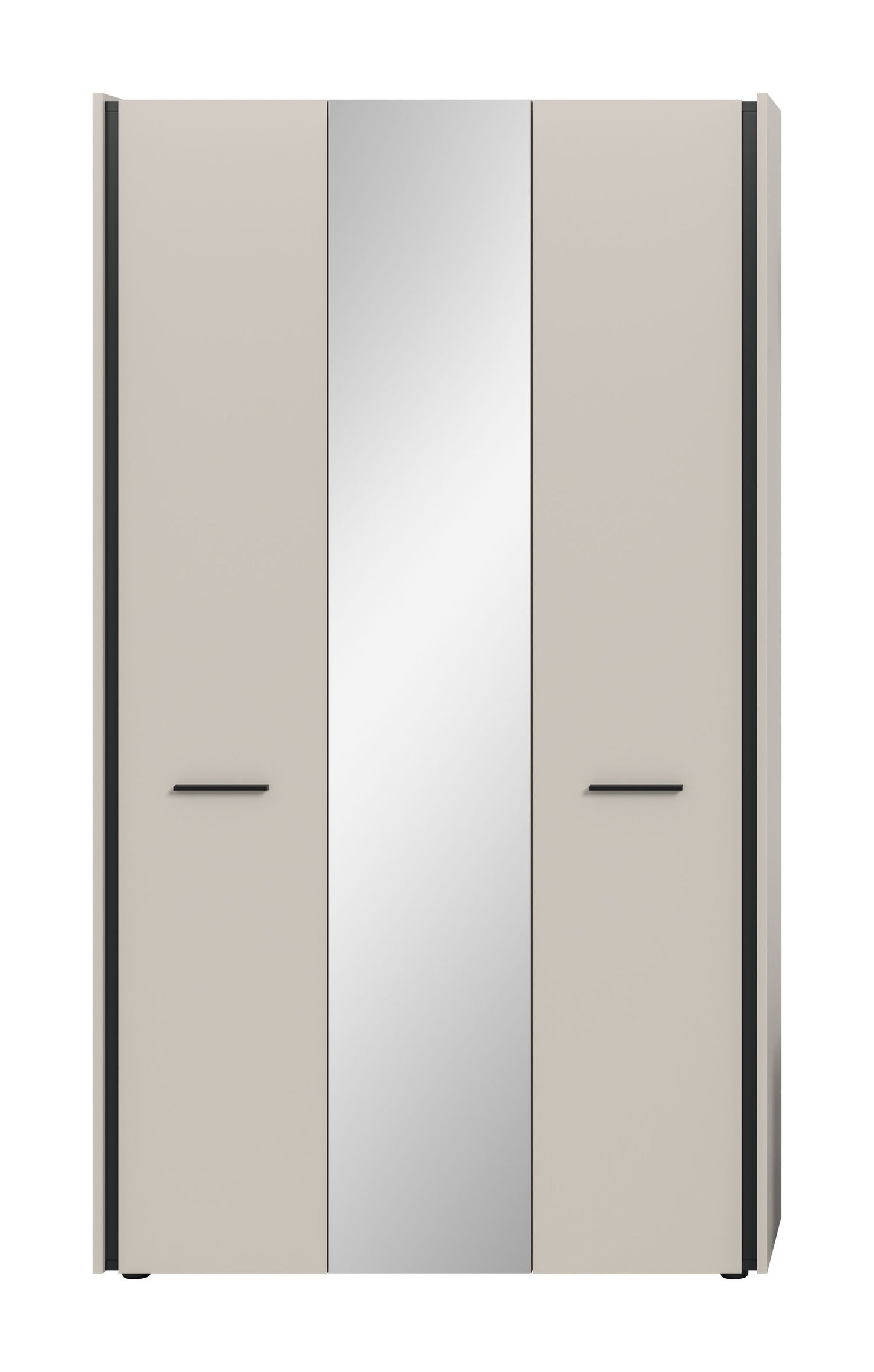 Garderobenschrank mit Spiegeltür, zwei Türen in Beige mit eingelassenen Griffen und Mittelspiegel
