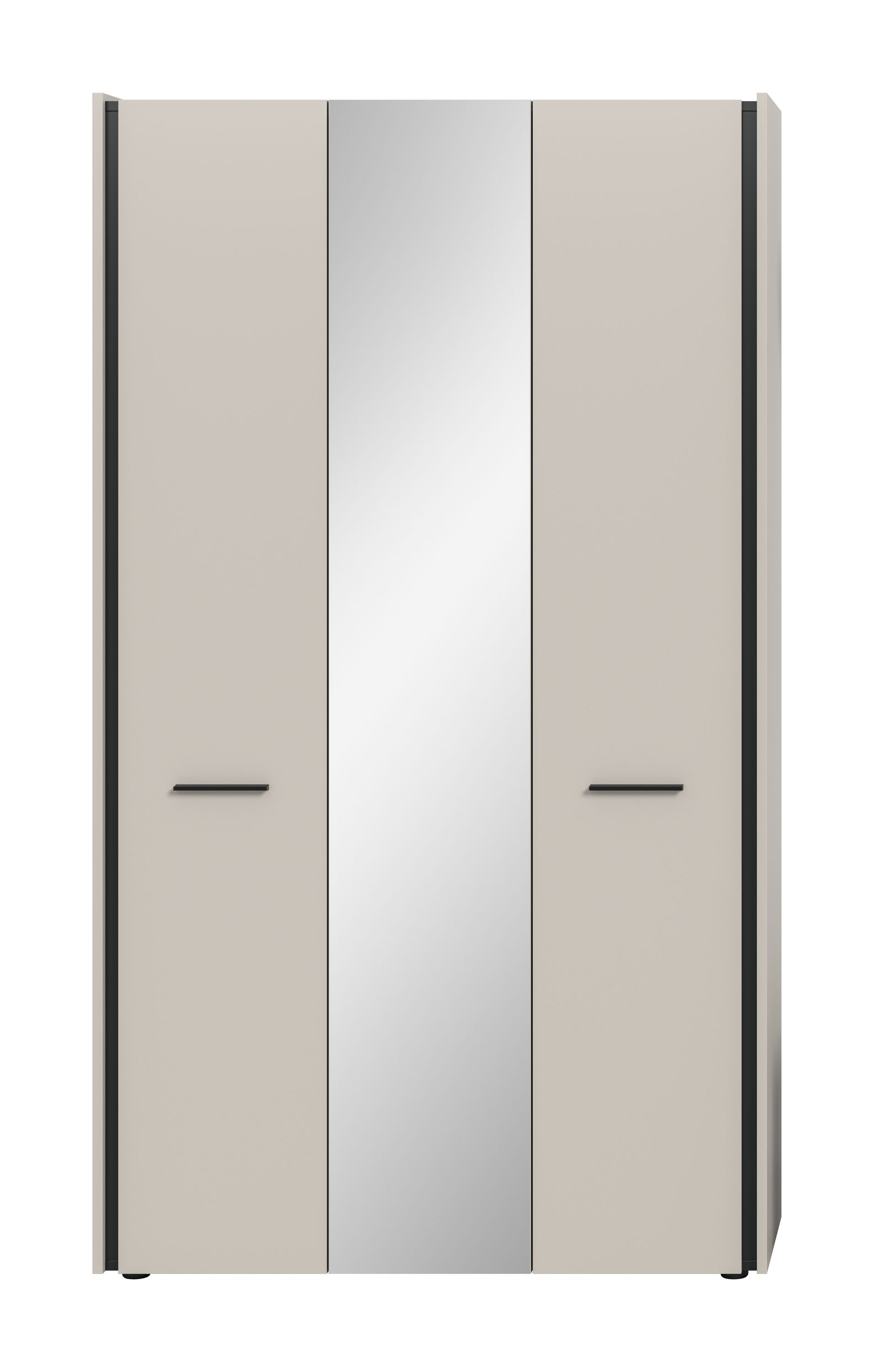 Garderobenschrank mit Spiegeltür, zwei Türen in Beige mit eingelassenen Griffen und Mittelspiegel