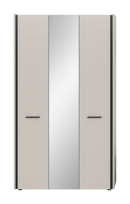 Garderobenschrank mit Spiegeltür, zwei Türen in Beige mit eingelassenen Griffen und Mittelspiegel