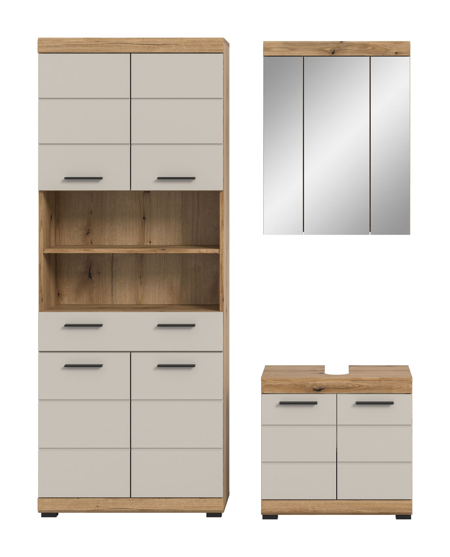 Badezimmerset: Badschrank mit Spiegel und Waschtisch, weißer Korpus und Holzdekor, 3-teilig