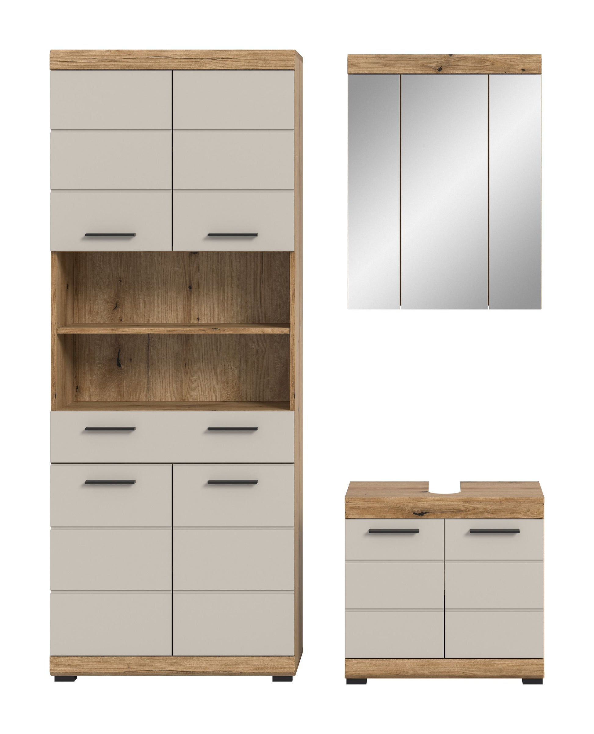 Badezimmerset: Badschrank mit Spiegel und Waschtisch, weißer Korpus und Holzdekor, 3-teilig