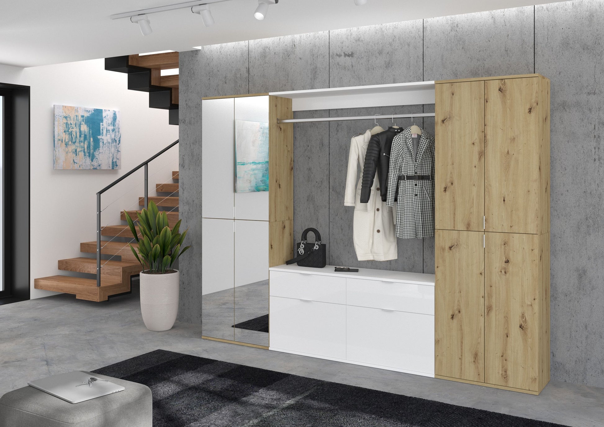 Dreiteiliges Garderoben-Set mit Schrank und Glasfront, Schuhschrank, weiß & helle Holzoptik