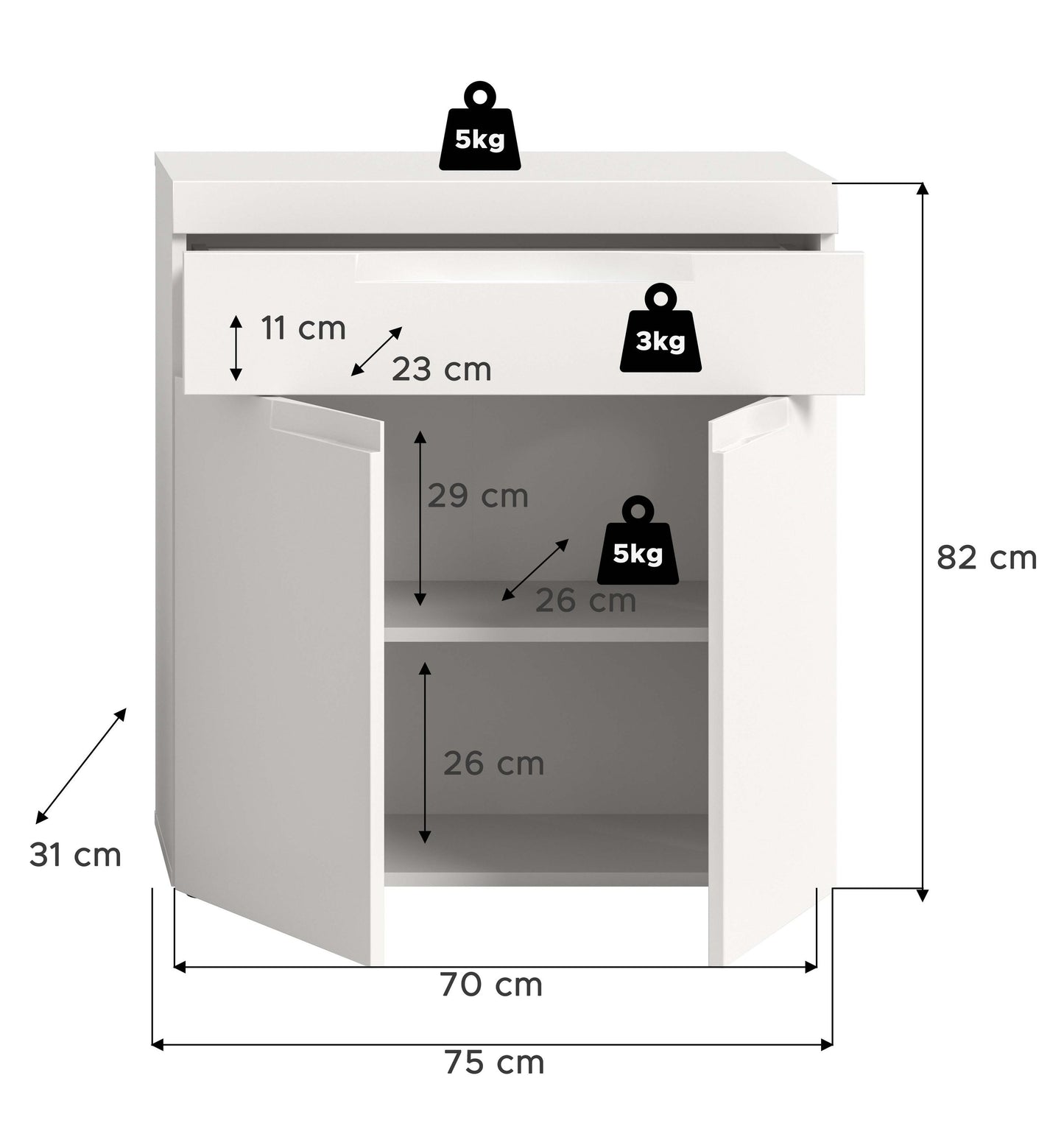 Viana Standschrank breit (B/H/T: 75x82x31 cm) in Weiß matt und Weiß