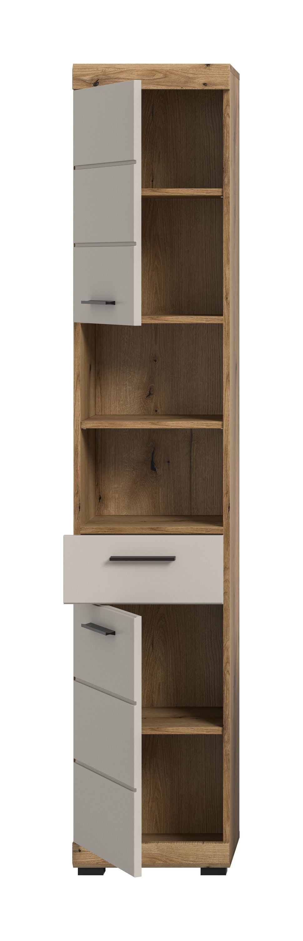 Badhochschrank schmal mit weißen Schubfächern, offenen Fächern und Artisan-Eiche-Details