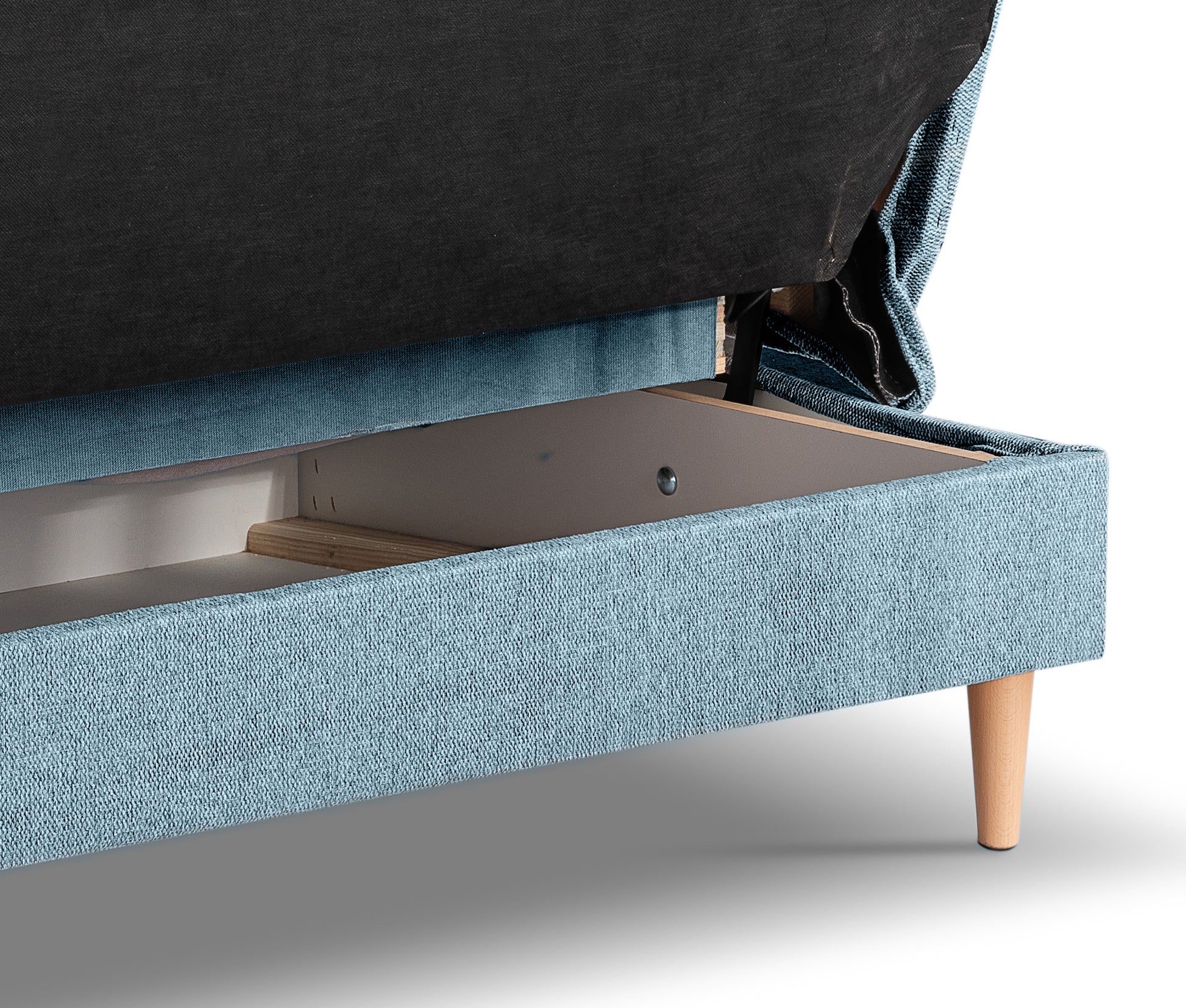 Schlafsofa mit Schlaffunktion, blauer Stoffbezug, geöffnete Liegefläche