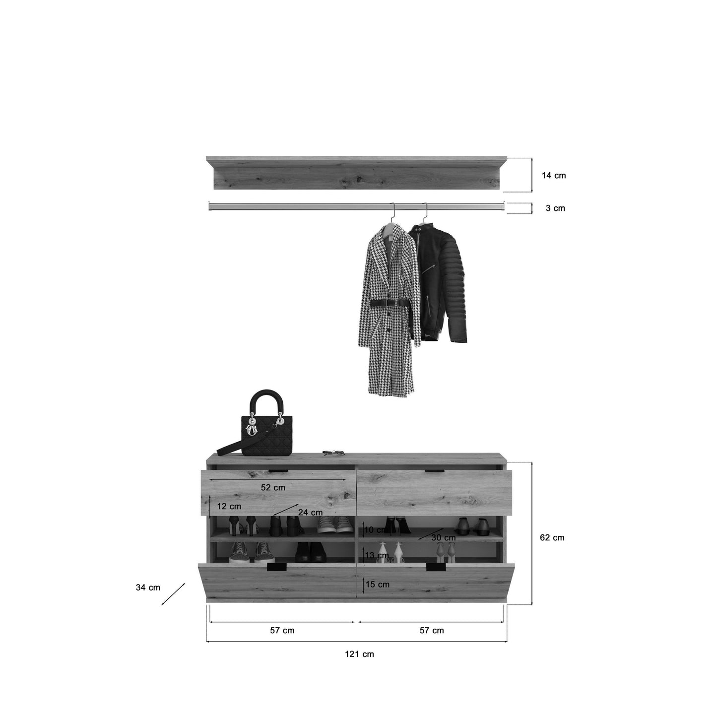 Garderoben- und Schuhschrank-Set mit Kleiderstange, Ablagebrett und Schuhfächern