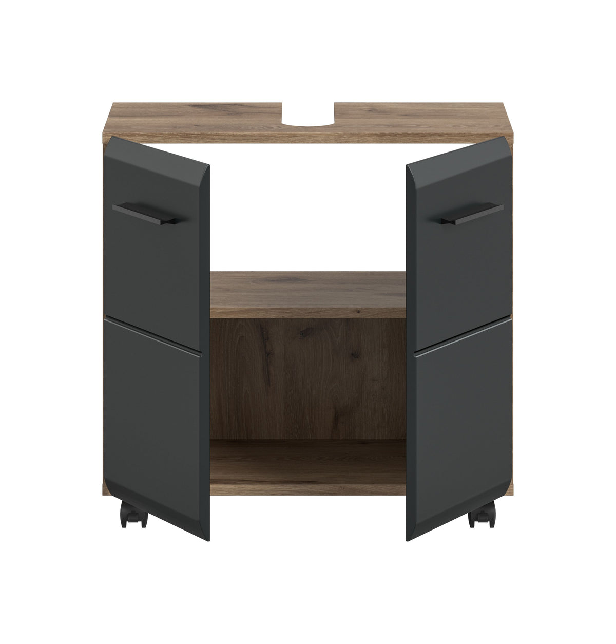 Rolling Washbasin Cabinet ICE (W/H/D: approx. 60/58/30 cm) in Nox Oak finish/matt black