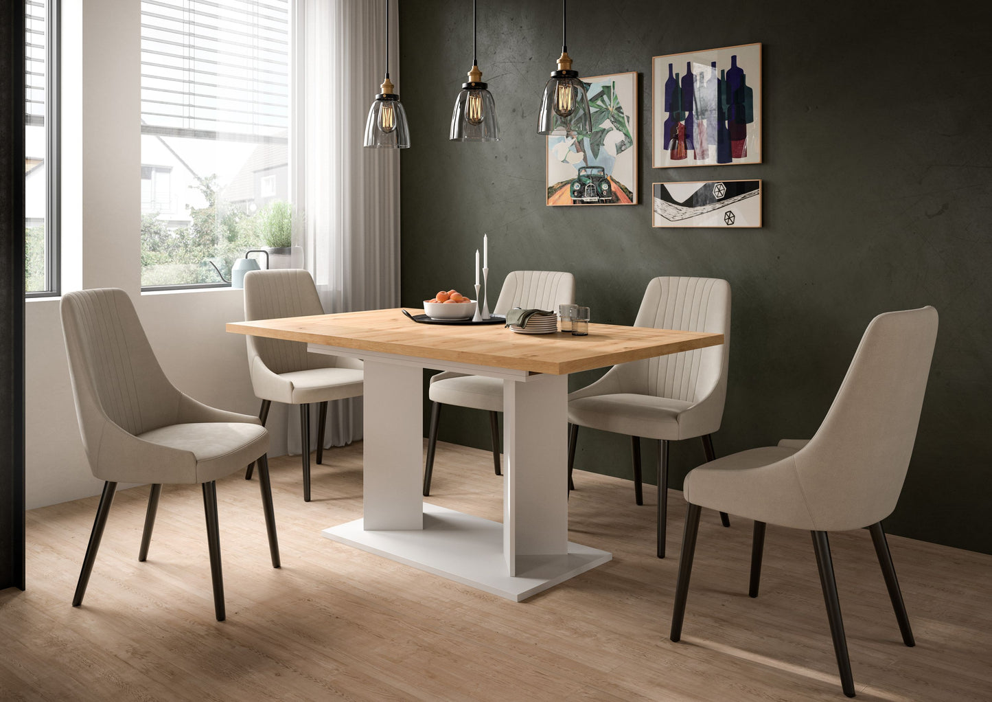 Table à manger GUSTAV (L/H/P : env. 190/76/90 cm) en blanc/imitation chêne Artisan