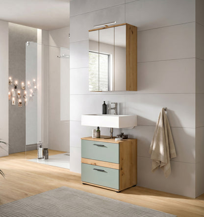 Badmöbel-Set im Badezimmer: Waschtischunterschrank mit zwei Schubladen, türkis Front, Holz