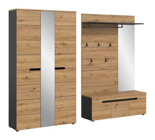 Garderobenset mit Schrank, Spiegel-Einsatz und Sitzbank; Holzoptik, schwarze Griffe