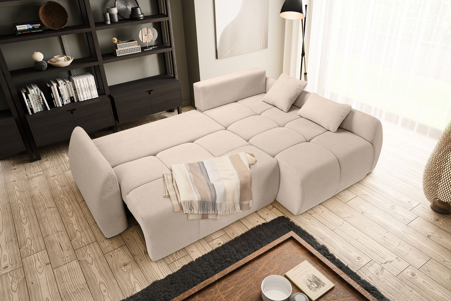 Canapé convertible d'angle Sancho Long – Canapé d'angle tendance en velours côtelé avec fonction couchage