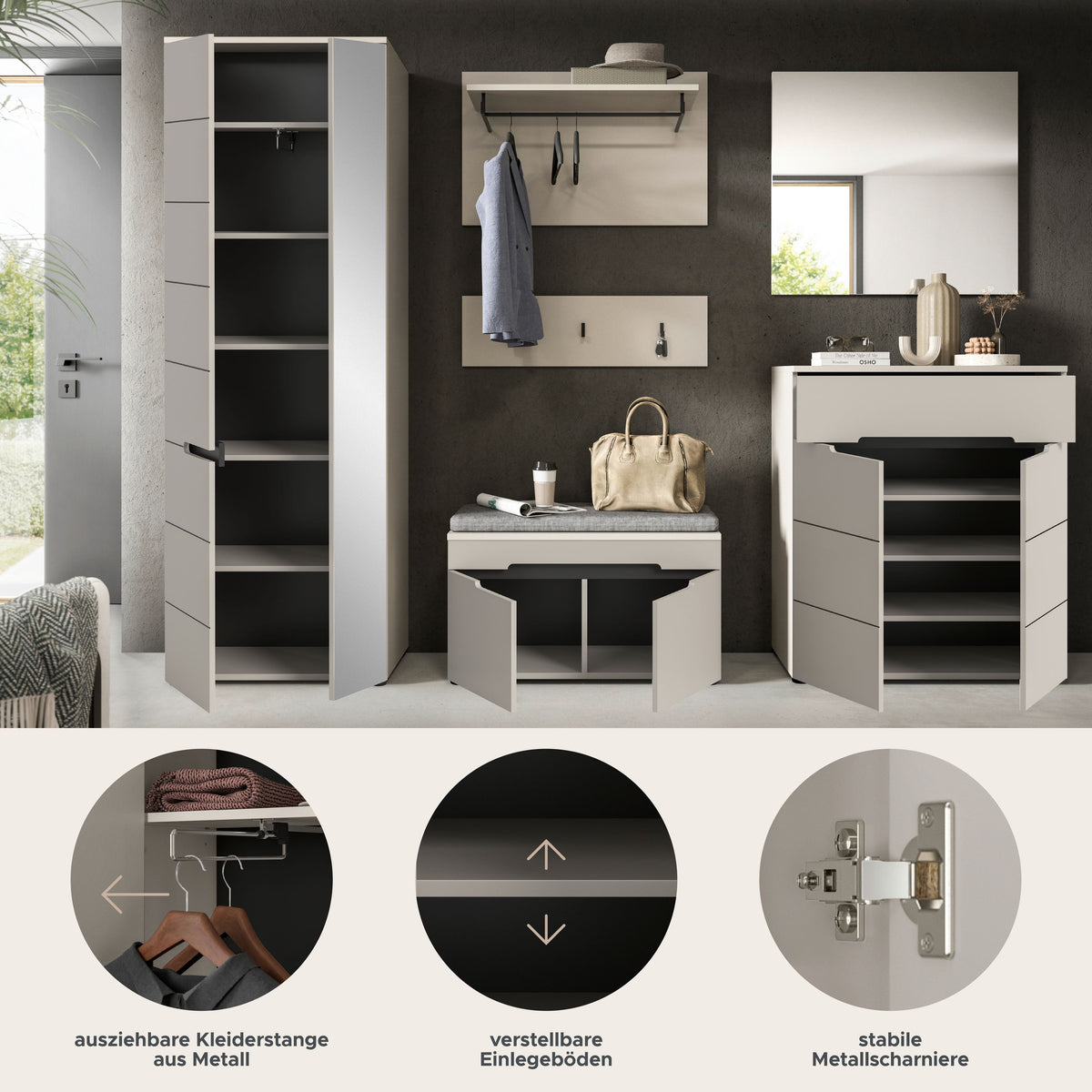 Garderoben-Set mit offenem Schrank und Spiegelmodul, Wandregal mit Haken