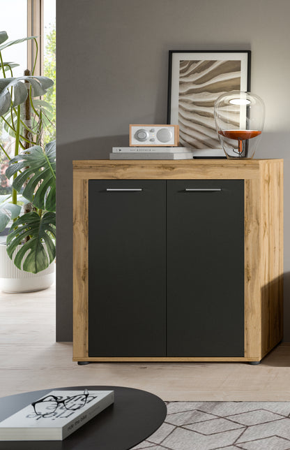 Highboard JAM (L/H/P : env. 80/88/35 cm) en imitation chêne Wotan/gris