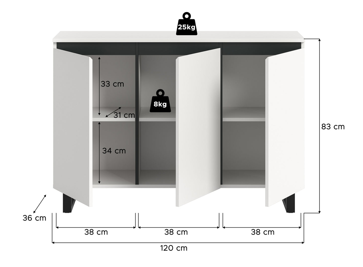 Buffet TOMASA (L/H/P : env. 120/84/36 cm) en imitation Chêne Evoke/imitation Chêne Evoke
