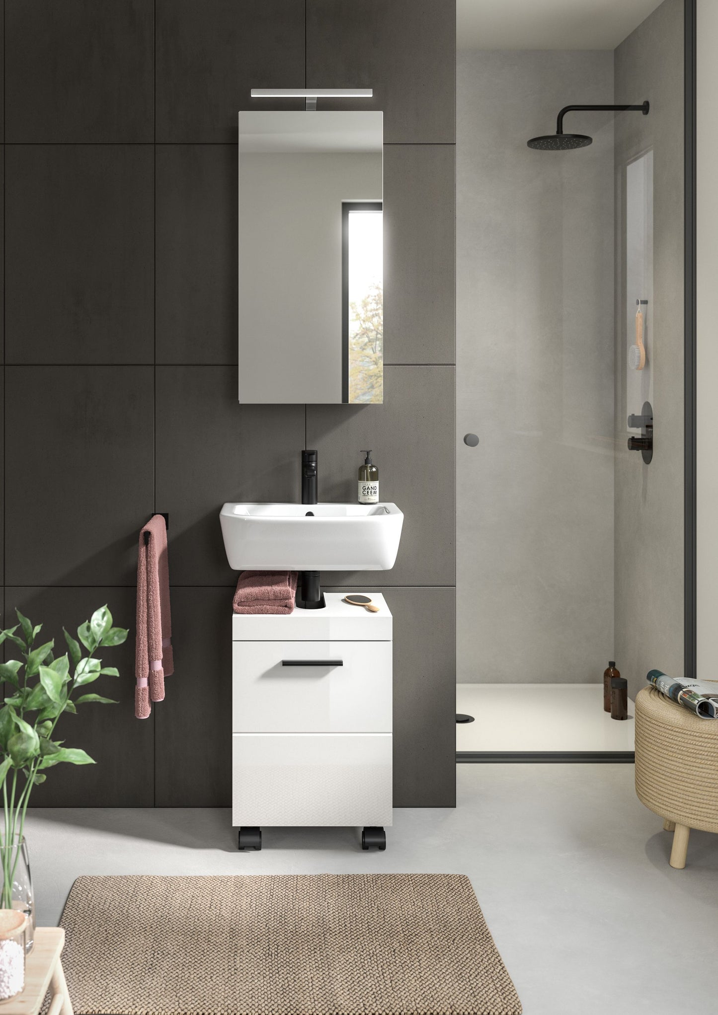 Ensemble de salle de bain avec éclairage NOVA (L/H/P : env. 40/191/30 cm) en blanc/blanc brillant