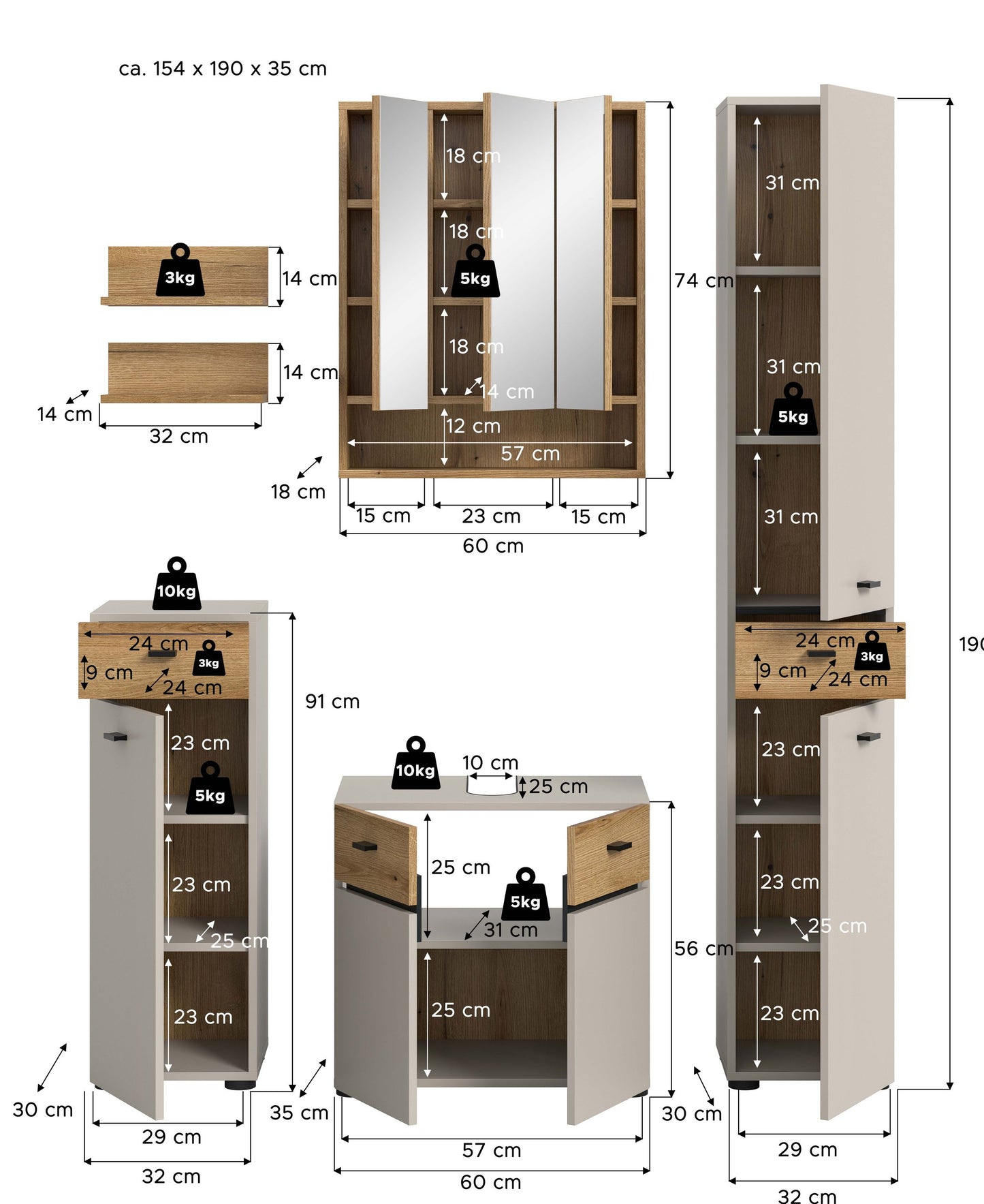 Ensemble de salle de bain AQUA (L/H/P : env. 154/191/35 cm) en cachemire/cachemire