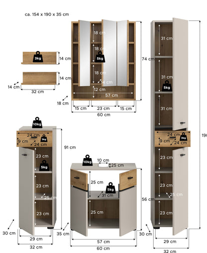 Ensemble de salle de bain AQUA (L/H/P : env. 154/191/35 cm) en cachemire/cachemire