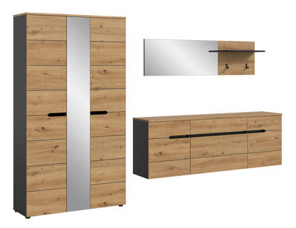 Garderobenset: Schrank mit Spiegel und Holzoptik sowie hängende Kommode