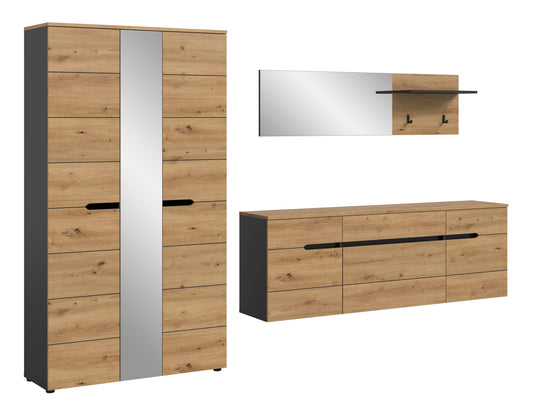 Garderobenset: Schrank mit Spiegel und Holzoptik sowie hängende Kommode