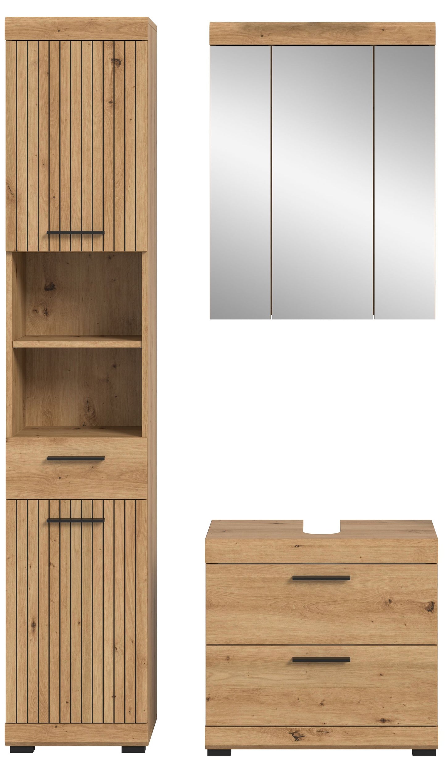 Badezimmerset in Artisan-Eiche hell mit Spiegelschrank; Hochschrank und Schubladen