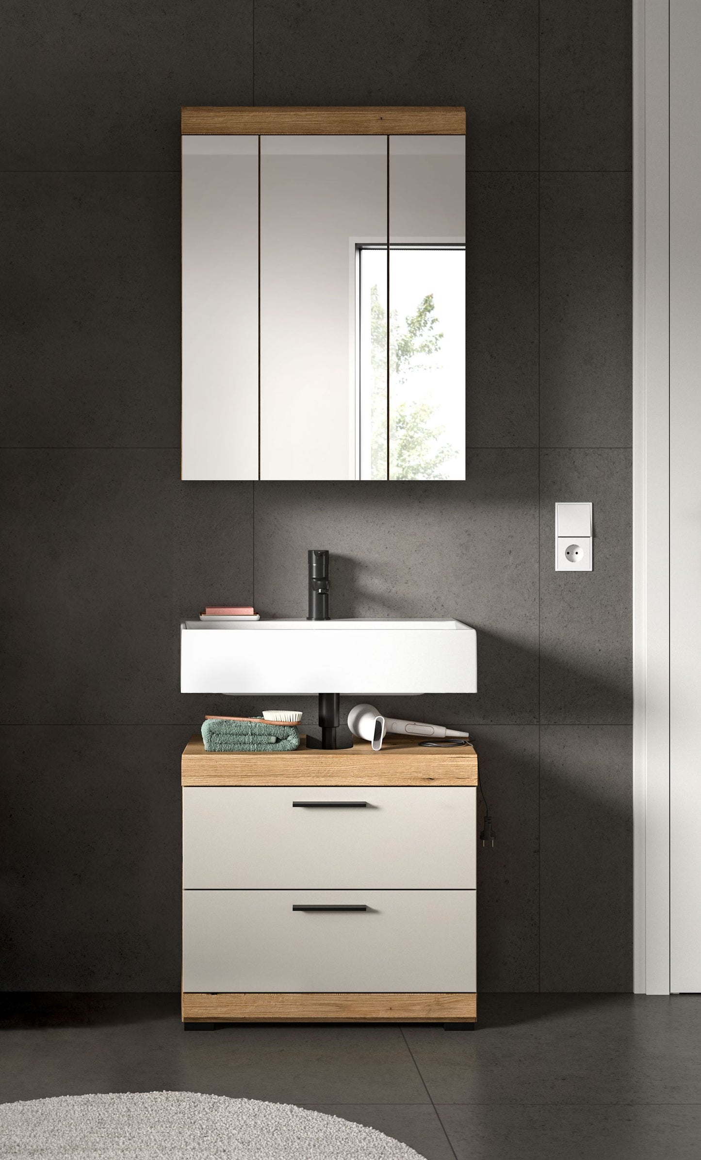 Waschtischunterschrank mit Schubladen und Spiegelschrank, weiß und Holzdekor