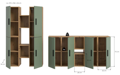 Meuble TV mural THE ONE (l/h/p : env. 270/182/34 cm) en imitation Chêne Artisan/Vert Fumé