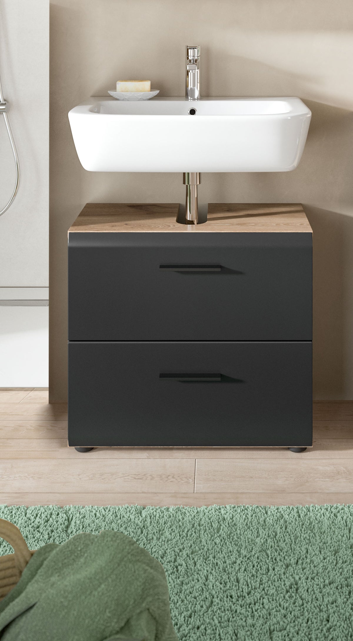 Waschbeckenunterschrank 60 cm mit zwei Schubladen, dunkelgrauer Korpus, unter Waschbecken