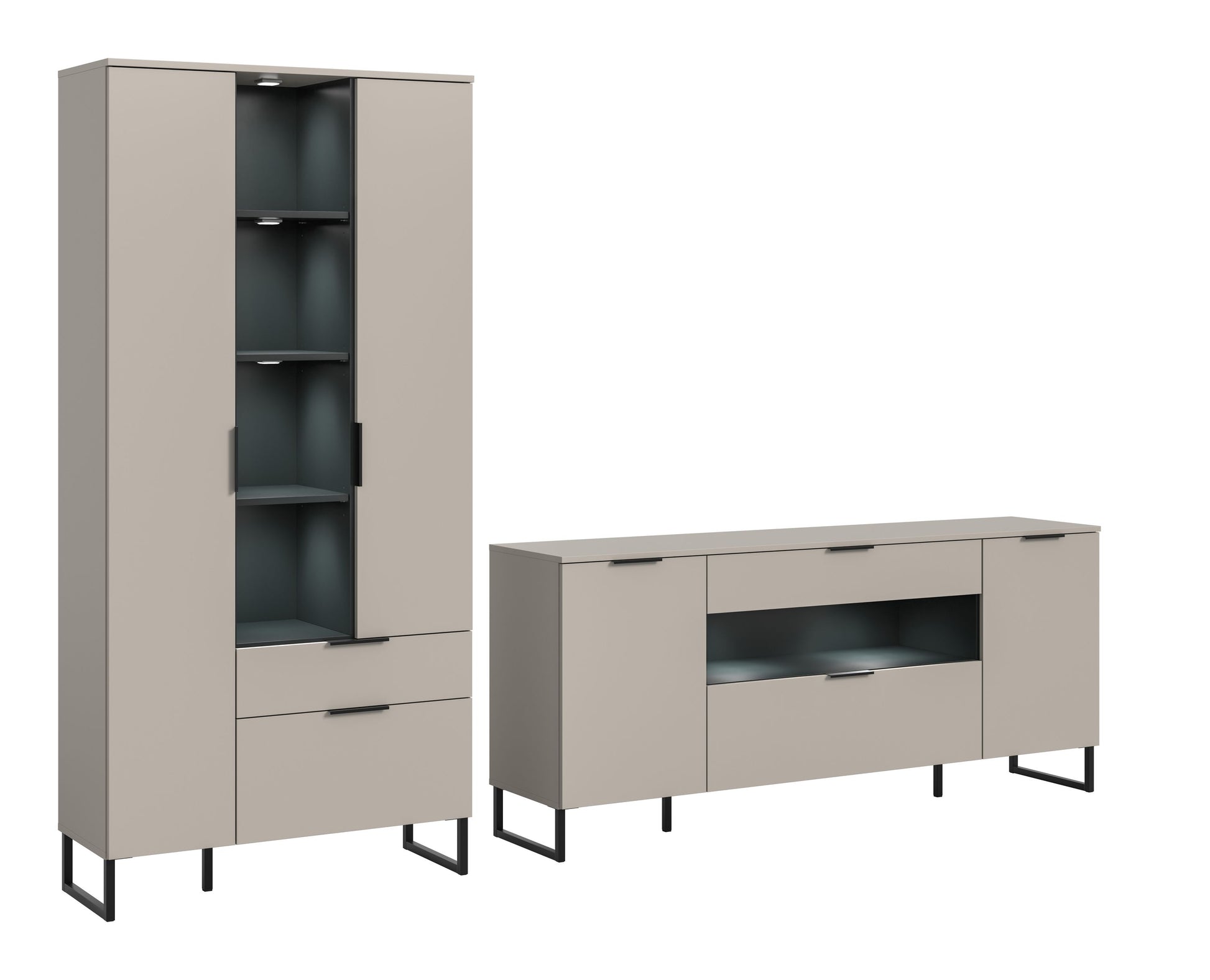 Wohnwand-Set 2-tlg. aus hellgrauen Schränken: Vitrine und Sideboard mit Beleuchtung