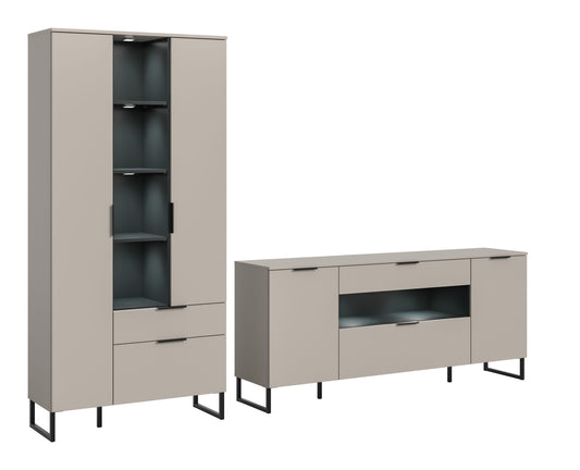Wohnwand-Set 2-tlg. aus hellgrauen Schränken: Vitrine und Sideboard mit Beleuchtung