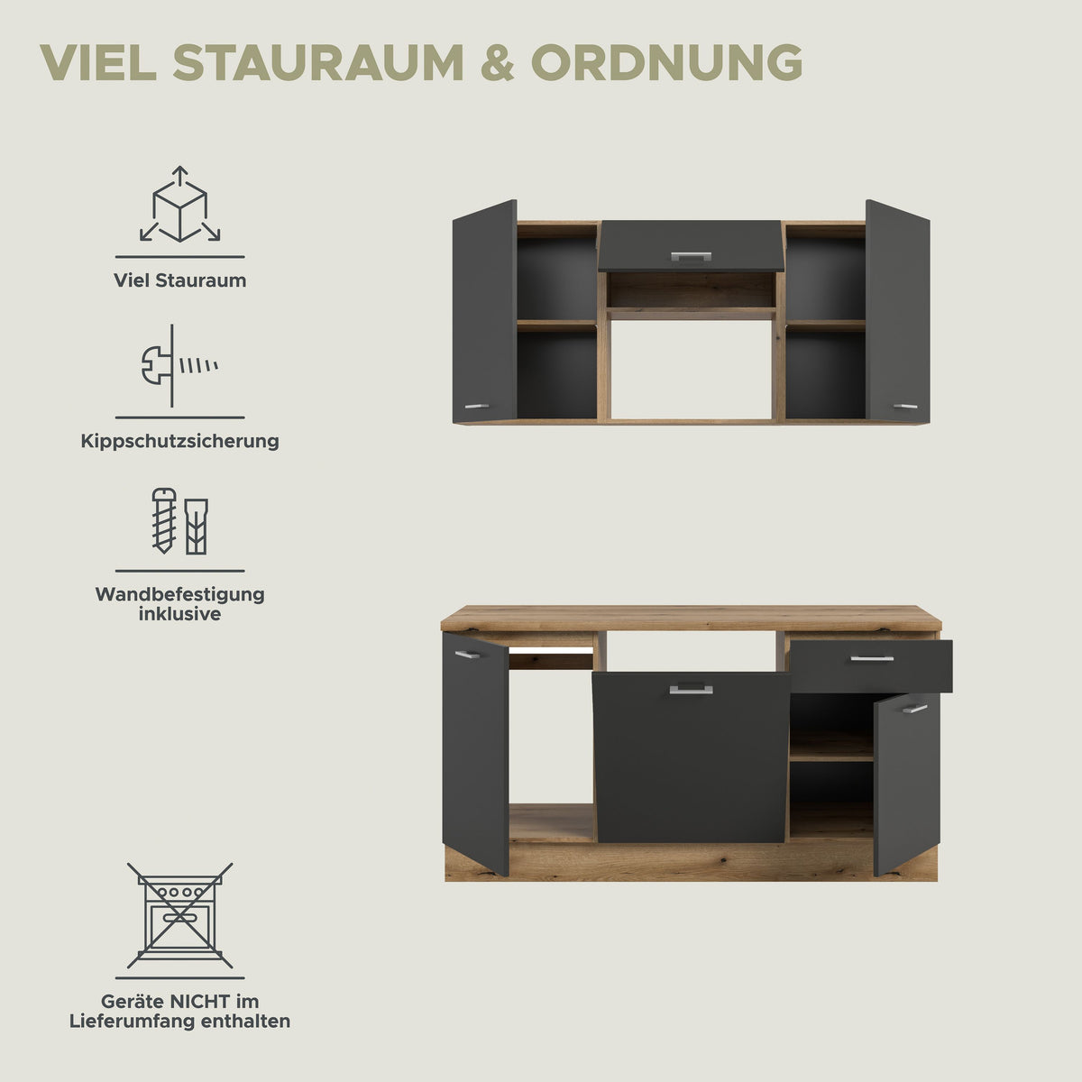 Küchenzeile (ohne E-Geräte) (B/H/T 160x211x60 cm) in Basalt grau
