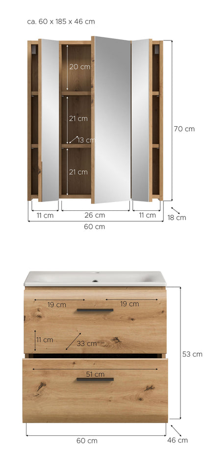 3-teiliges Badmöbel-Set mit Maßskizze, Spiegelschrank und hellem Holz-Waschtischunterschrank