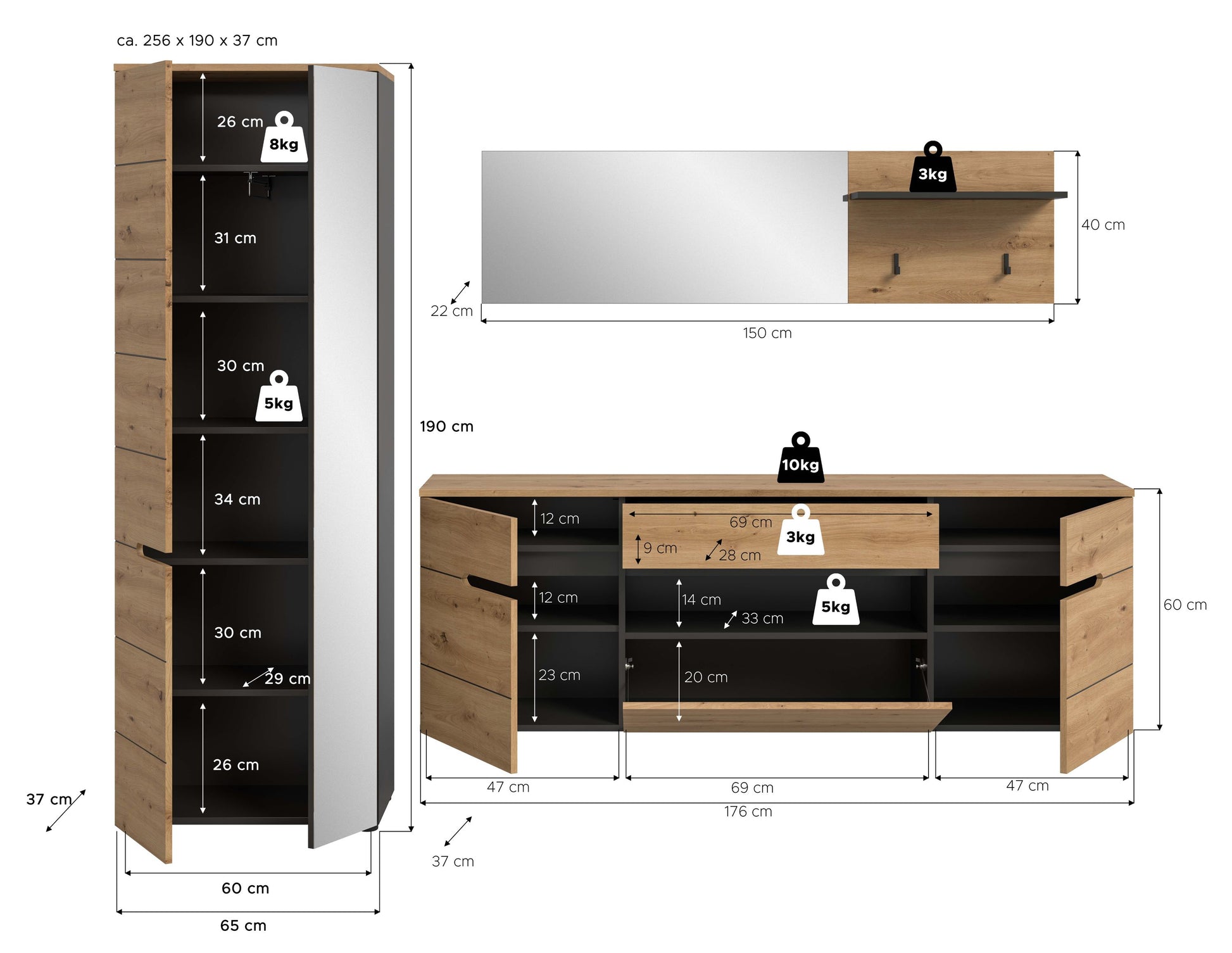 Maßzeichnung: Homes & Jones Schrank und Hängekommode mit Spiegelaufsatz, Eiche-Look, schwarze Griffleisten