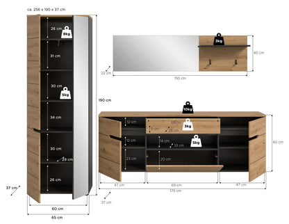 Maßzeichnung: Homes & Jones Schrank und Hängekommode mit Spiegelaufsatz, Eiche-Look, schwarze Griffleisten