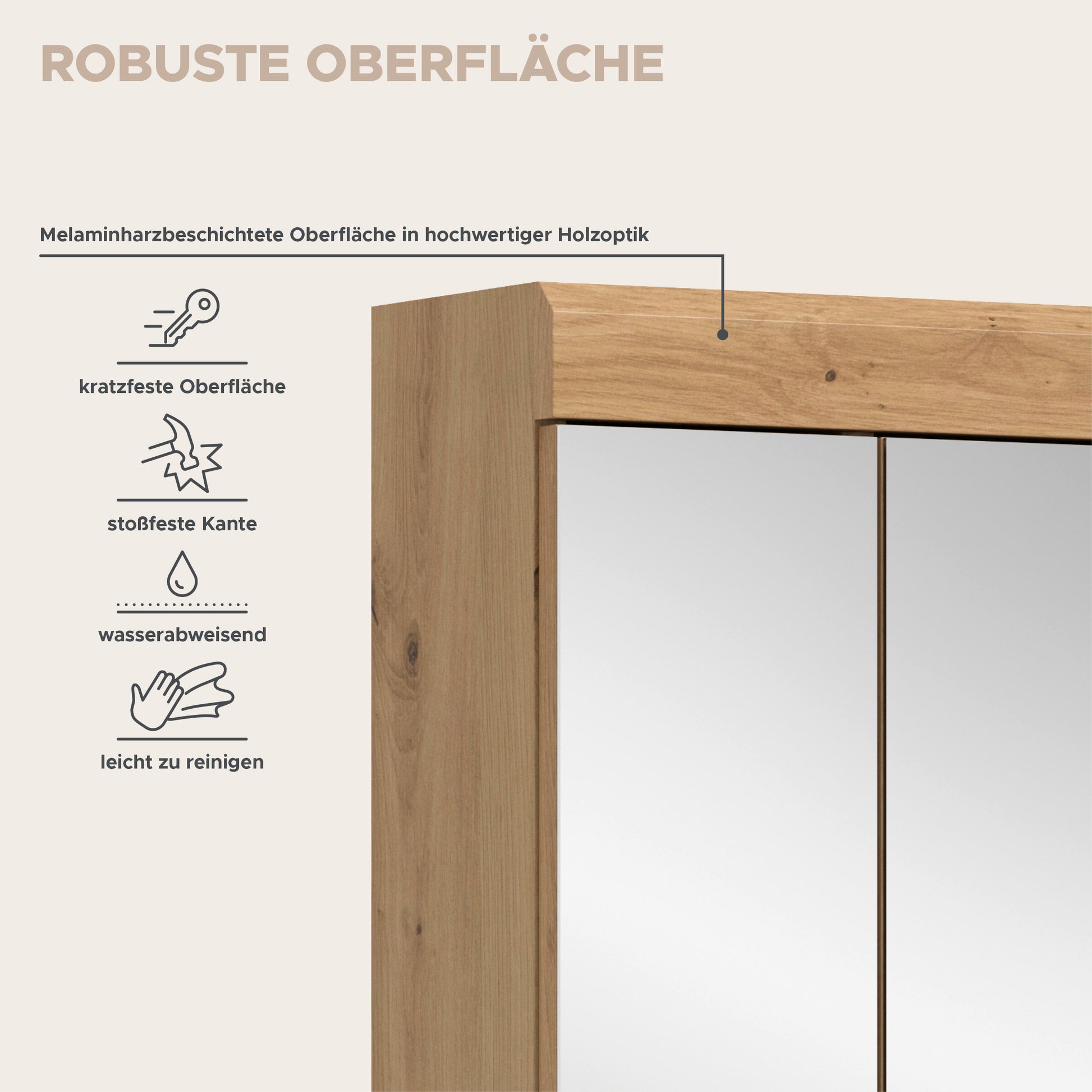Badspiegelschrank mit Eichenoptik-Rahmen und Spiegeltür, robuste melaminbeschichtete Oberfläche