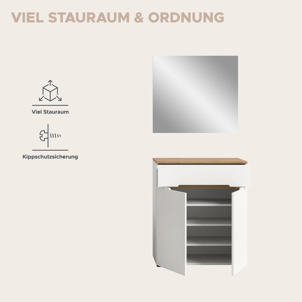 Garderoben-Set mit offenem Fach und Ablage, Korpus basalt grau, Arbeitsplatte Holzdekor