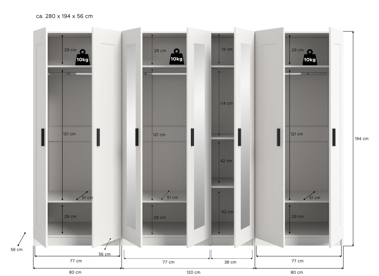 Homes & Jones Kleiderschrank weiß 3-tlg., Schlafzimmerschränke 280 cm breit
