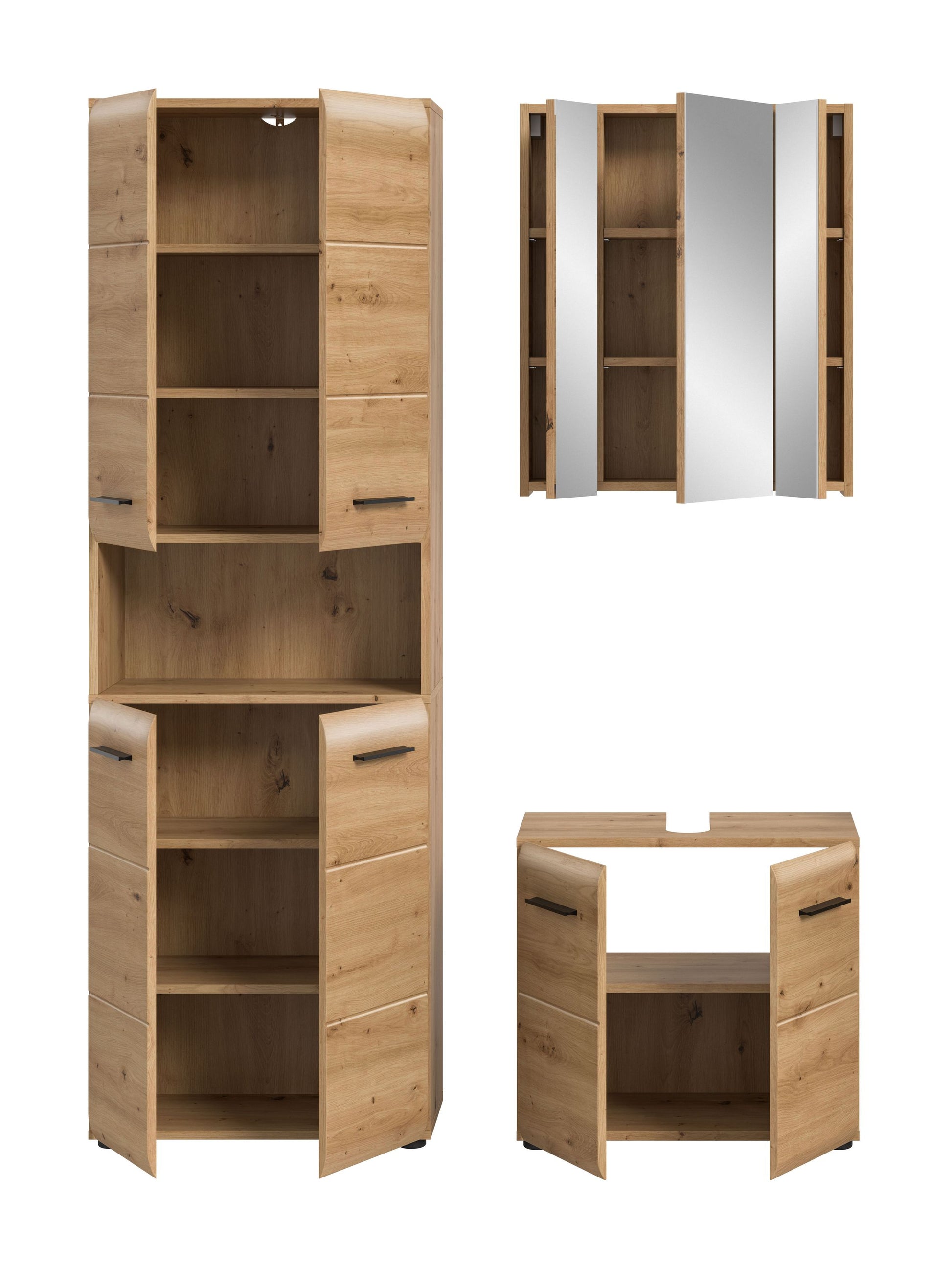 Badezimmer-Set im Holzdekor natur: hoher Schrank mit offenen Fächern, Spiegelschrank, Unterschrank