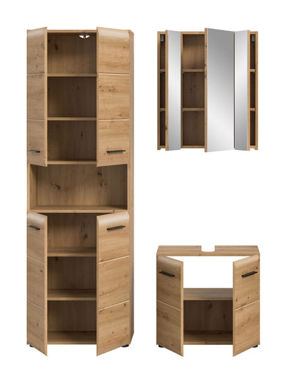 Badezimmer-Set im Holzdekor natur: hoher Schrank mit offenen Fächern, Spiegelschrank, Unterschrank