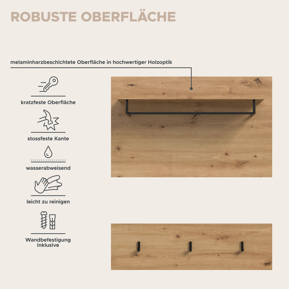 Garderobe mit Kleiderhaken und Hutablage, melaminharzbeschichtet, Eichenoptik
