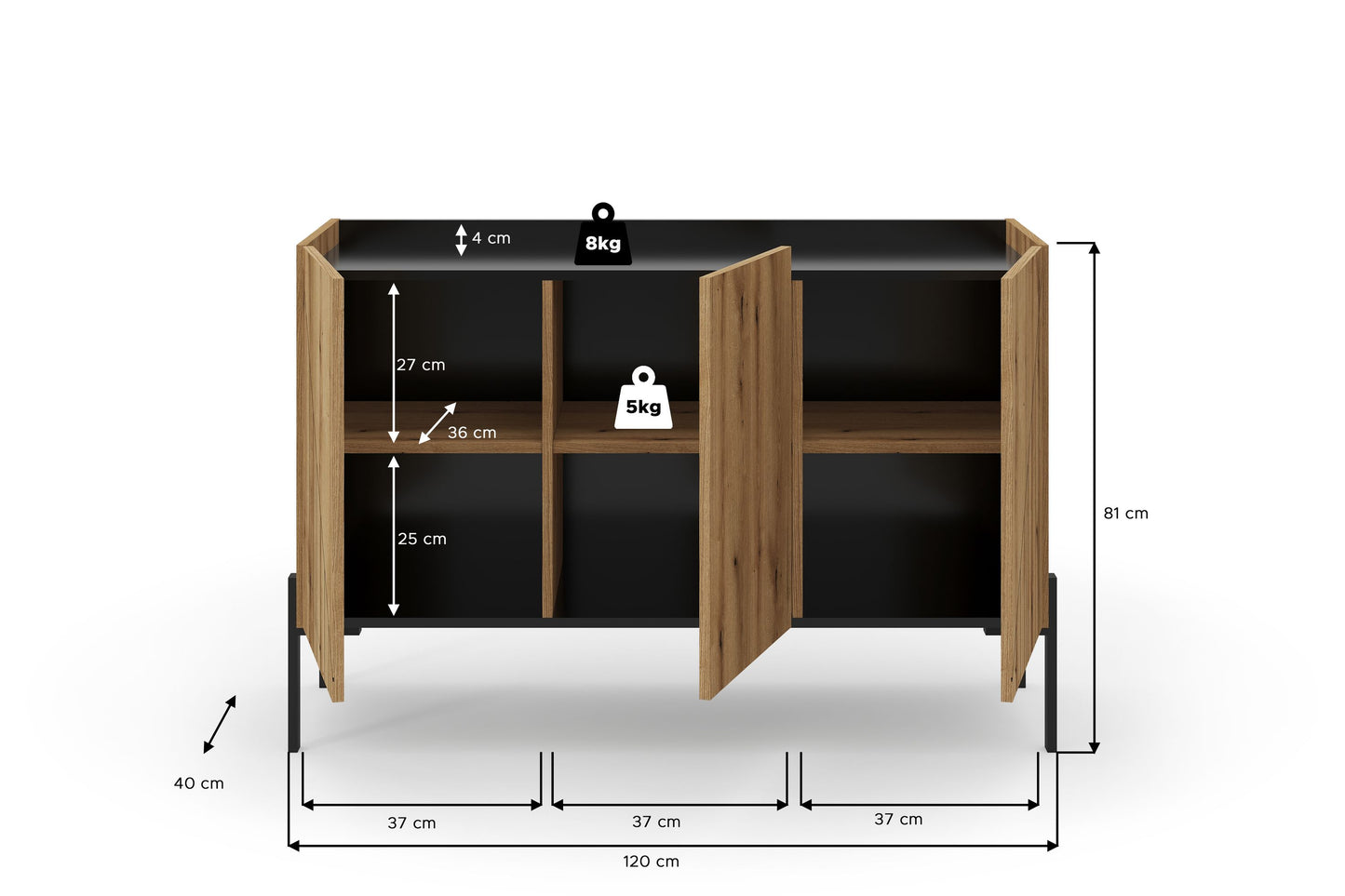 Sideboard mit offenen Türen, zwei Fächer und schwarze Standbeine, Maße dargestellt