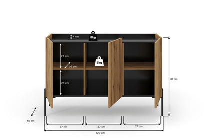 Sideboard mit offenen Türen, zwei Fächer und schwarze Standbeine, Maße dargestellt