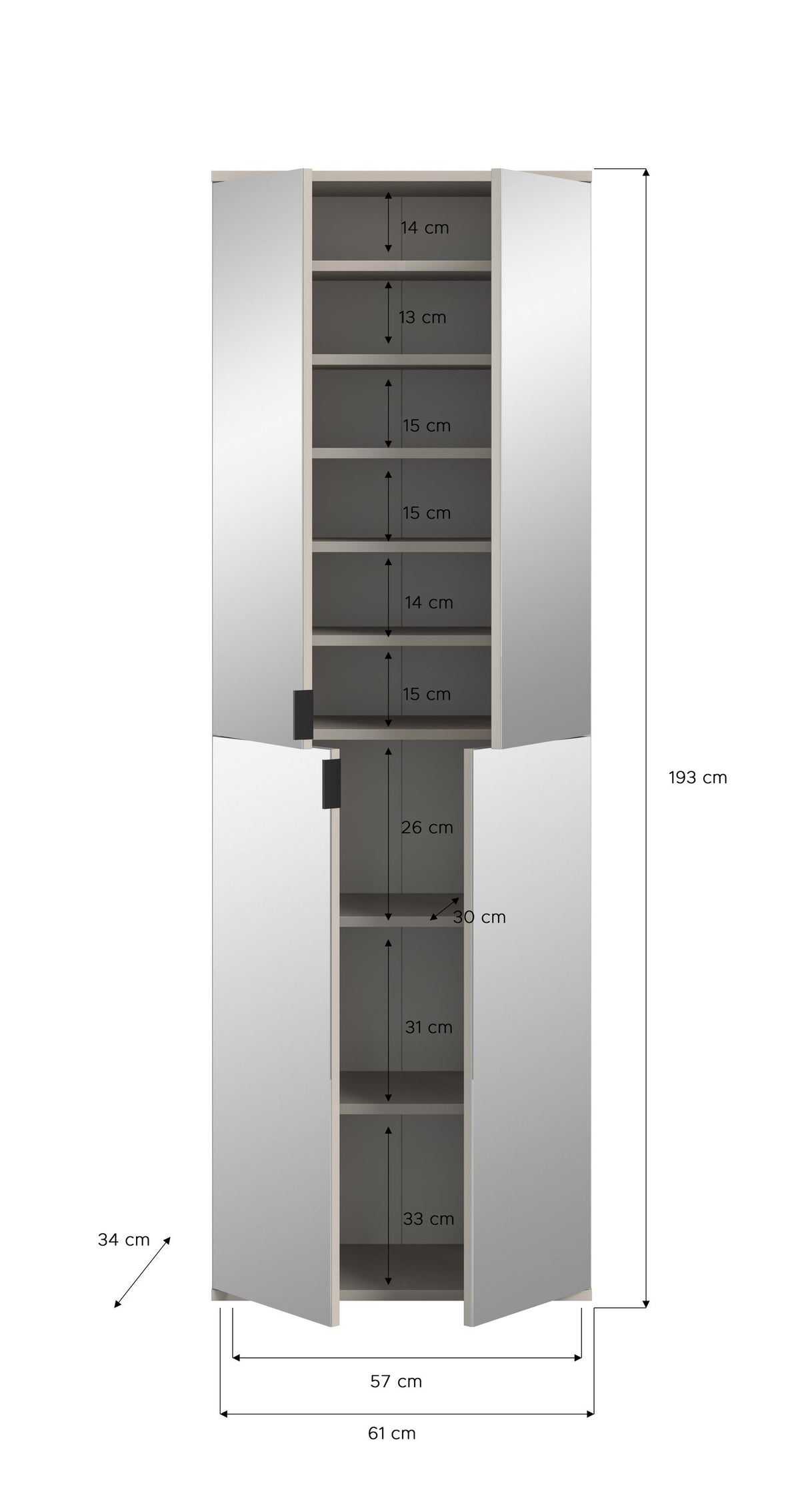 Spiegelschrank geöffnet, mit Innenregalen; Höhe 193 cm, Breite 57 cm, Tiefe 61 cm