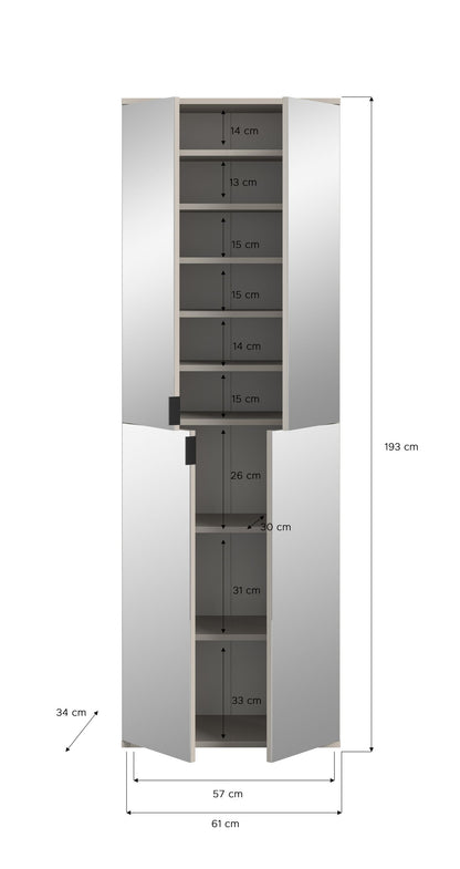Spiegelschrank geöffnet, mit Innenregalen; Höhe 193 cm, Breite 57 cm, Tiefe 61 cm