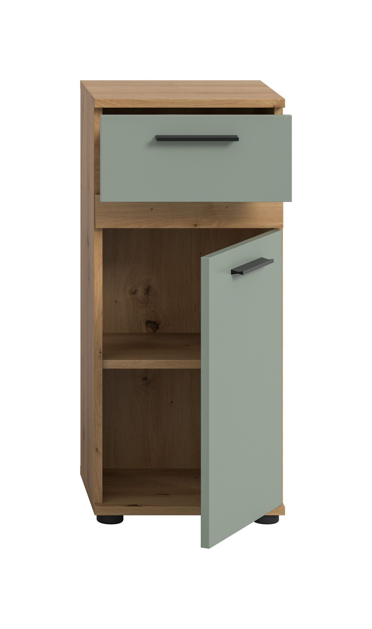 Badezimmerschrank mit offenem Fach und Schublade, graublau, Holz