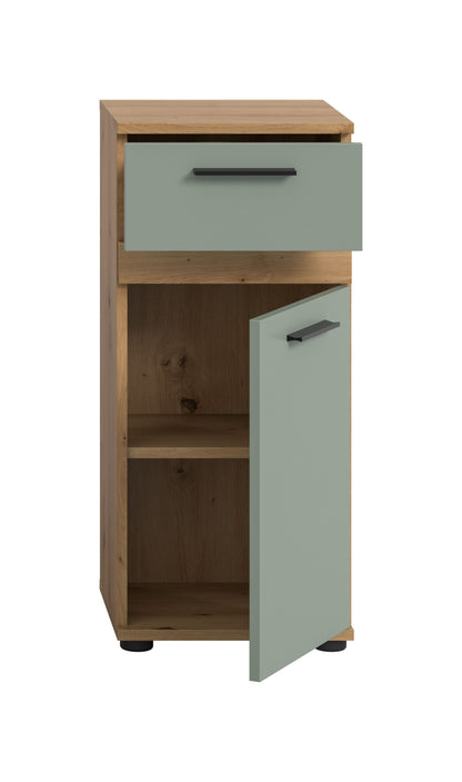 Badezimmerschrank mit offenem Fach und Schublade, graublau, Holz