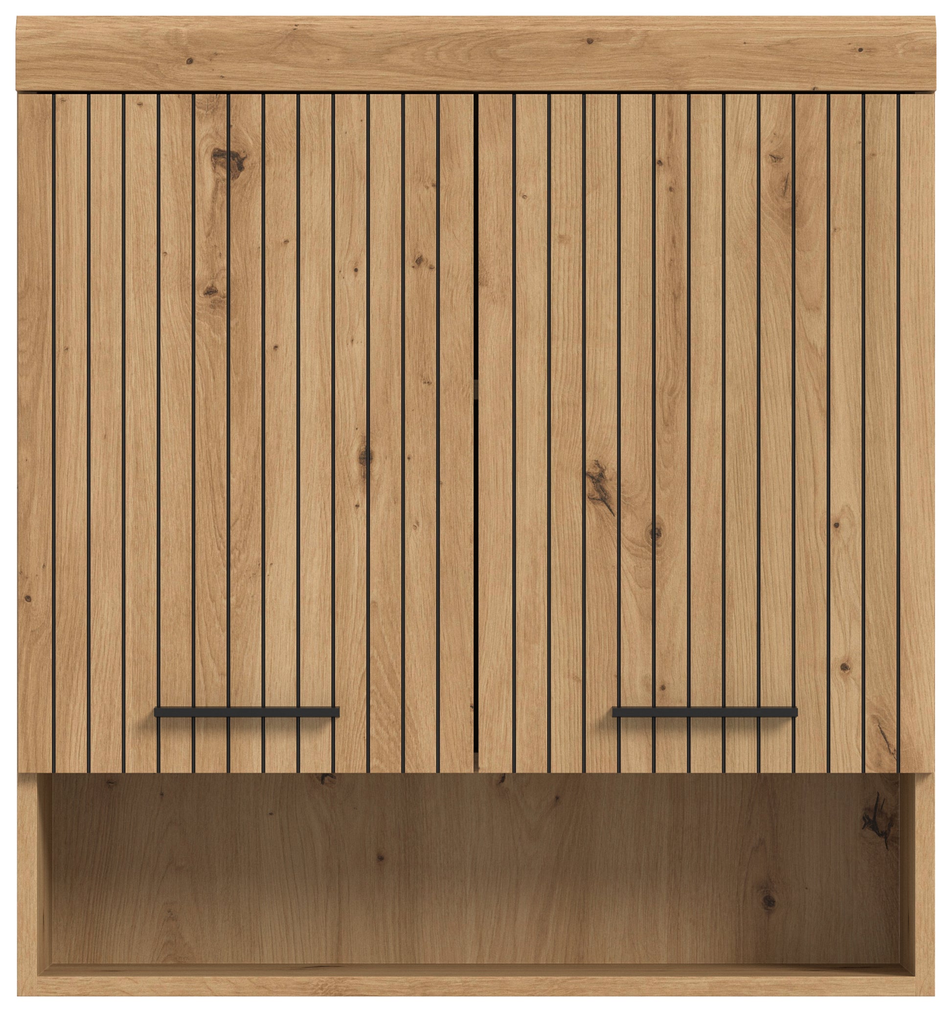 Holz-Badezimmerschrank mit offenen Fächern, senkrechte Rippenstruktur und Metallgriffe